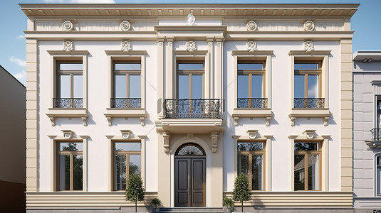 经典的两层楼房屋，窗户设计精美，以 3D 渲染