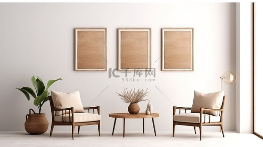 时尚的现代客厅配有棕色椅子框架模型，以 3D 渲染的白色面板墙为特色