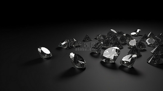 黑色背景上钻石收藏的 3D 渲染，具有充足的复制空间