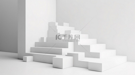简约白色展台背景图片_白色背景上 3D 渲染的简约白色楼梯讲台