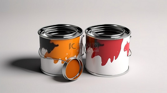卡通棕色油漆桶背景图片_两个油漆桶的 3D 渲染，一个打开隔离在白色背景上
