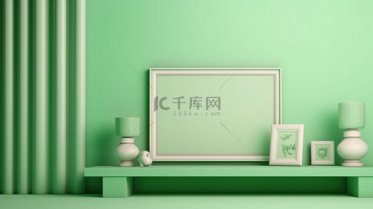 浅色家具背景图片_带有绿色框架的桌子和浅色背景上的 3D 渲染房间配件的照片，带有复制空间