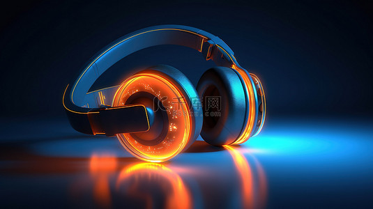 橙色耳机在孤立的蓝色背景上充满活力的 3D 插图，具有白光效果和耳机图标