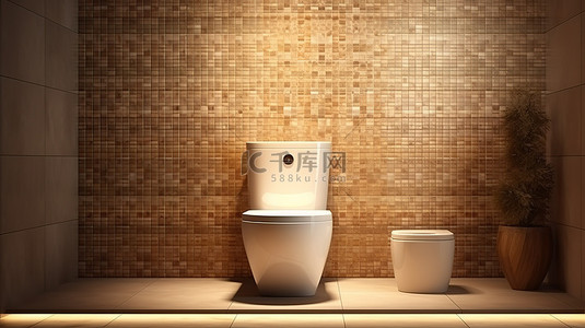 时尚的浴室配有漂亮的瓷砖和温暖的 3D 渲染装饰