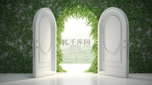 超凡的白色门通向郁郁葱葱的绿色王国逼真的 3D 渲染插图