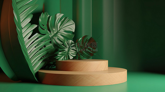 龟背竹也背景图片_龟背竹叶和抽象背景突出了绿色背景下木制讲台上的 3D 展示