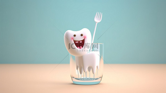 玻璃 3D 渲染中可爱的动画牙齿和牙刷