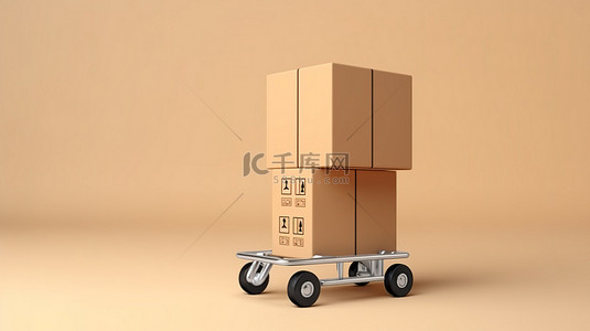 包装盒渲染背景图片_手推车和进口纸板箱的 3D 概念化