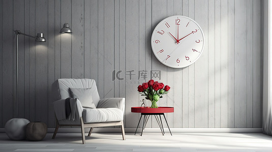 墙壁沙发背景图片_单色客厅，配有白色椅子挂钟仿旧白色木墙充满活力的红玫瑰和 3D 渲染