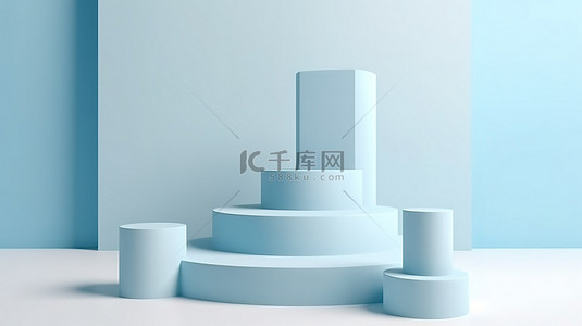 展台台阶背景图片_淡蓝色 3D 平躺产品展示圆筒讲台和背景台阶的抽象构成