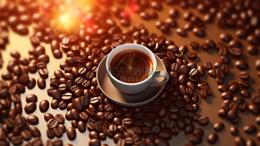 平躺的逼真咖啡豆和一杯咖啡 3D 渲染背景