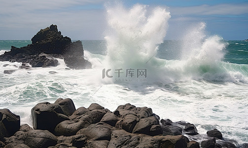 海水冲过岩石，背景是岩石堆