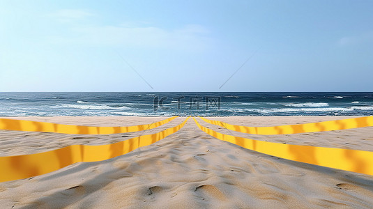 白色背景下隔离海洋或大海海滩区的黄色胶带条的 3D 渲染