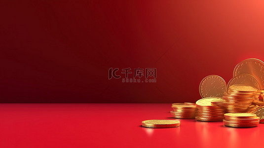 红色背景横幅上金币和锭的卡通风格 3d 渲染