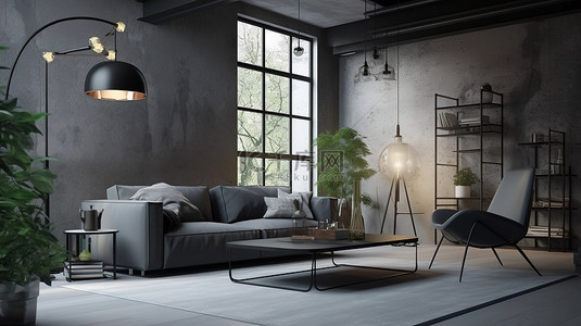 豪宅内部背景图片_带灰色沙发和灯的阁楼式客厅令人惊叹的 3D 渲染