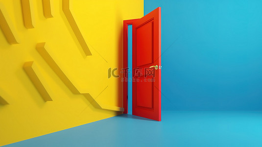 家居背景蓝色背景图片_蓝色背景上带红地毯的亮黄色门口的概念 3D 渲染