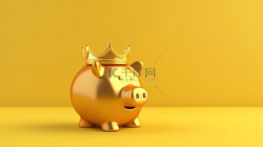 储蓄背景图片_富丽堂皇的存钱罐，皇冠在充满活力的黄色背景上通过 3D 渲染说明储蓄和盈利投资