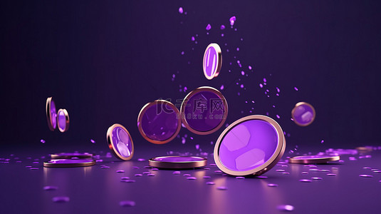 3D 运动中的硬币与 3D 插图中呈现的紫色背景标志性符号相对应