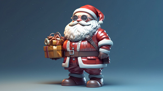 1 卡通风格 3D 插图圣诞老人戴上面具并携带圣诞主题卡片横幅和标签的礼品袋
