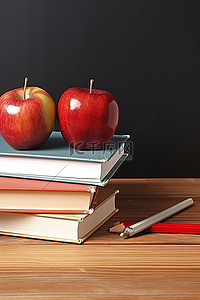 棕色木桌上的书和苹果