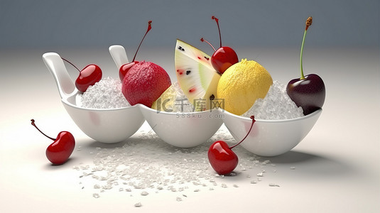 美味的 3D 渲染冰淇淋勺与椰子柠檬浆果和苹果片