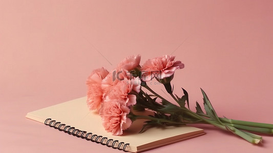 植物本子背景图片_康乃馨花束本子粉色背景