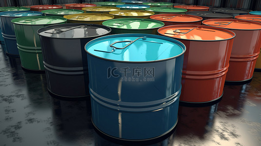 金属气缸和桶的工业燃料储存 3D 渲染