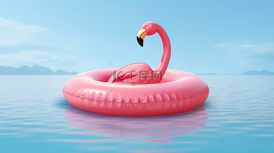 夏季有趣的粉红色火烈鸟漂浮完美适合海滩或池畔放松 3D 渲染与复制空间