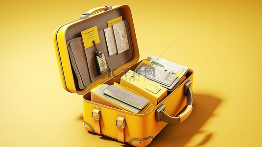 3D 渲染一个开放式黄色手提箱，里面装满了旅行必需品钱包门票日历护照和相机