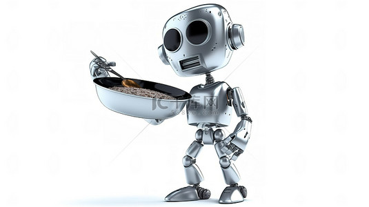 餐饮家常菜背景图片_未来派厨师机器人，手持煎锅白色隔离 3D 渲染