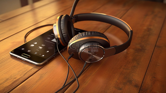 无线耳机和智能手机，木桌上有音乐播放列表 3D 渲染