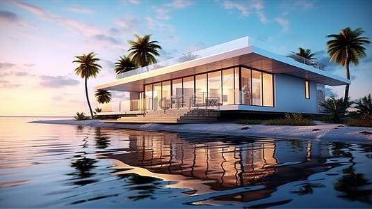 夏天风景背景图片_海滨度假屋的当代 3D 插图
