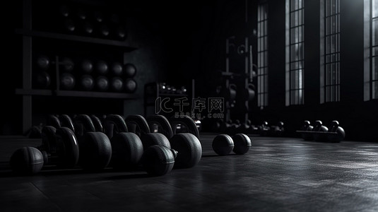 背景有设备的健身室在黑暗环境中的地板上展示了 3D 渲染的黑色哑铃