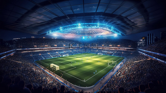 横版2d游戏背景图片_夜间足球场的 3D 渲染挤满了热情的球迷