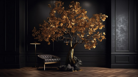 令人惊叹的 3D 家居装饰壁纸，深色背景，金色的树叶和树木