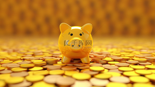 存钱罐和硬币背景图片_黄色背景的 3d 渲染与存钱罐和硬币