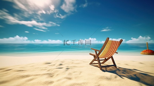 夏季海滩背景上沙滩椅的热带度假 3D 渲染