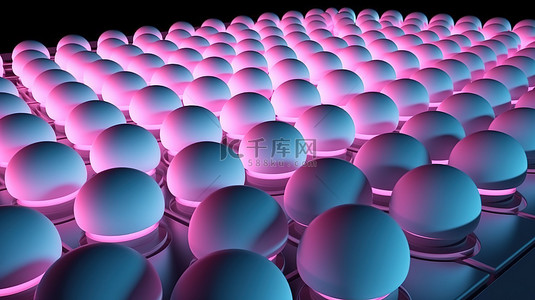 粉色蓝色几何背景背景图片_技术启发的几何背景，在蓝色粉色霓虹灯下有一排白色的球和箍 3D 插图