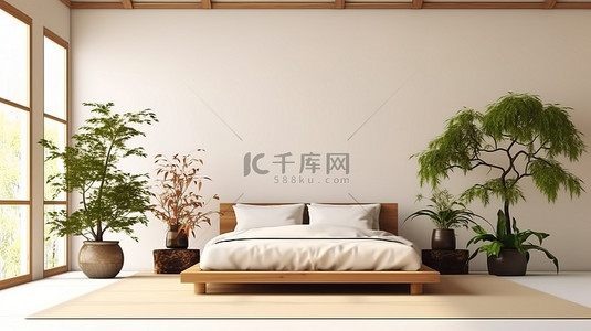 日式卧室简约 3D 渲染禅宗主题室内设计，配有床植物和 d cor