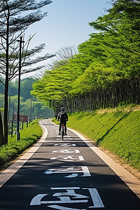 一名男子骑着自行车在穿过韩国公园的小路上