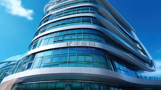 创新的未来派摩天大楼采用弧形设计3D 渲染的现代企业建筑的低角度视角
