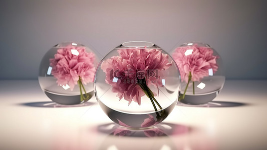 玻璃花瓶中的三朵粉红色花朵在 3D 中精美呈现