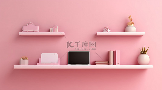 粉红色墙架横幅背景上笔记本电脑手机和平板电脑的 3D 插图
