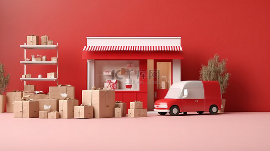 送货上门服务背景图片_带有包裹的移动商店的 3D 渲染，用于在线购物和送货