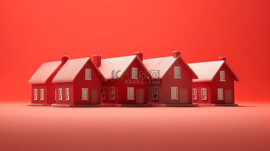 红色背景与一群模糊的房子在 3d 渲染