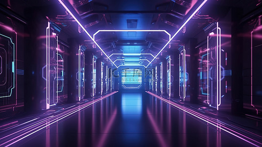 具有蓝色和紫色霓虹灯 3d 渲染背景的未来主义金属走廊