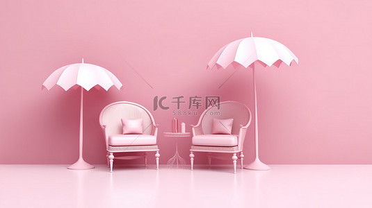 装饰雨伞背景图片_优雅的椅子装饰着心形细节和柔和的粉红色背景下的雨伞 3D 渲染插图