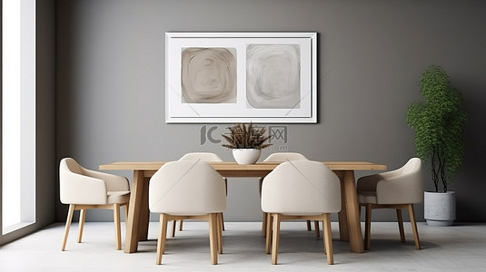 现代餐厅空间家具，配有 3D 插图空框架，用于模型图片