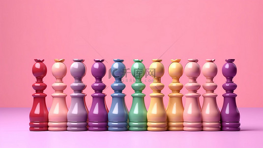 充满活力的粉红色背景上的彩色棋子展示多样性个性和想象力 3D 插图