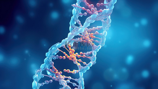 蓝色背景上 DNA 结构的 3D 渲染象征着生物化学在医学中的重要性